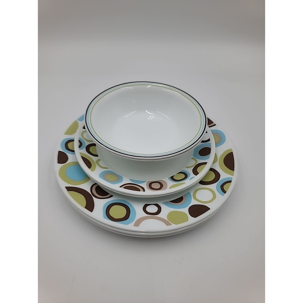 8pc Corelle Vitrelle ROLA 10-3/4" Dinner Plates Bowls Green Brown Blue Circles - Picture 11 of 11
